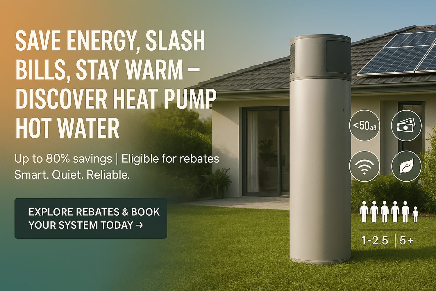 Banner showing energy-efficient heat pump hot water system with solar panels in a modern Australian home. Highlights include eco icons, quiet performance under 50 dB, smart connectivity, and rebate eligibility. Background fades from amber to teal, symbolizing sustainable transition.