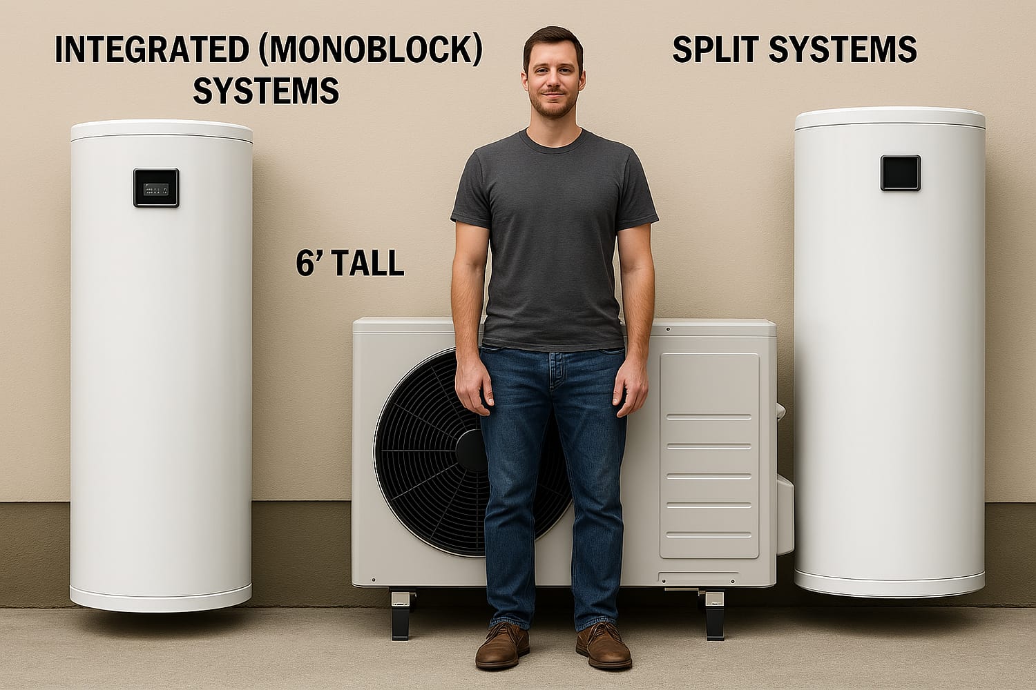 ntegrated and Split hot water heat pump systems shown with a labeled 6-foot human for scale—highlighting compact all-in-one unit versus dual-component setup with outdoor and indoor installation