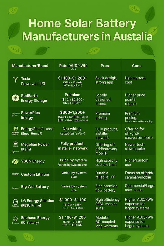 Comparison chart of home solar battery manufacturers in Australia, styled in an eco green theme with leaf accents. Includes pricing, pros and cons, and product details for brands like Tesla, RedEarth, and Enphase.