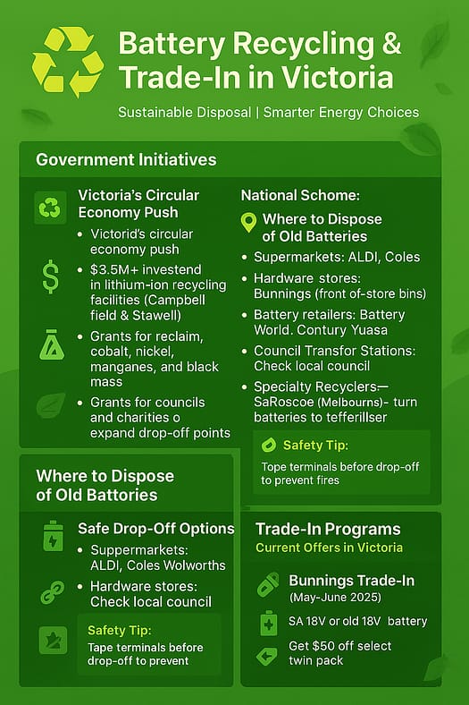 Green infographic titled “Battery Recycling & Trade-In in Victoria” with leaf illustrations and a yellow recycling symbol. Features three sections: government initiatives (grants, facilities), safe drop-off options (supermarkets, hardware stores), and trade-in offers (Bunnings May–June 2025).