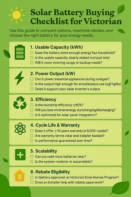 Infographic titled "Solar Battery Buying Checklist for Victorian Homes" on a textured green background with falling leaves. It features nine sections with icons and checkboxes covering usable capacity, power output, efficiency, cycle life, battery chemistry, scalability, inverter compatibility, rebate eligibility, and local support.